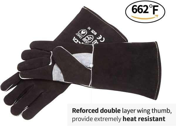 16 Inches,662?H,Leather Forge/Mig/Stick Welding Gloves Heat/Fire Resistant, Mitts for Oven/Grill/Fireplace/Furnace/Stove/Pot Holder/Tig Welder/Mig/BBQ/Animal handling glove with Extra Long Sleeve Black - Image 6