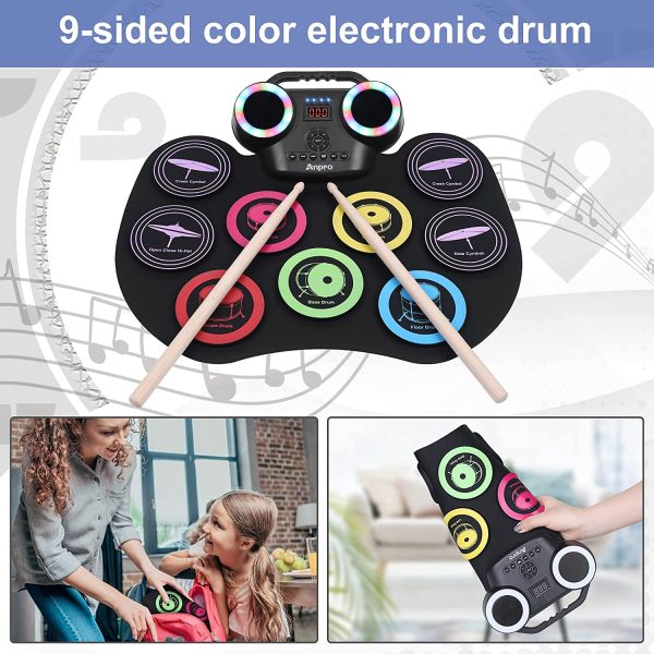 Anpro Nine-sided Color Electronic Drum Set, 8PCS Drum Practice Set, Portable Electric Drum , Built-in Audio with Earphone Jack, Multiple Power Supplies, 10 Hours of Playback, Color LED Screen, Suitable for Children, Teenagers, Adults and Beginners, Best Birthday Gift - Image 2