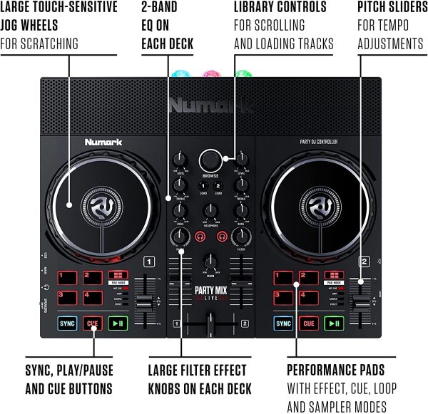 Numark Party Mix Live - DJ Controller with Built in Speakers, Party Lights and DJ Mixer, Complete Dj Set with Mixer and Audio Interface + Serato DJ Lite - Image 2