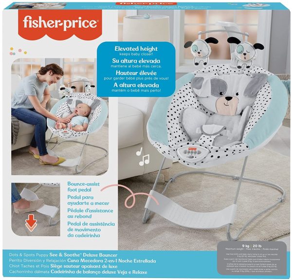 Fisher-Price Dots & Spots Puppy See & Soothe Deluxe Bouncer, Portable Seat for Infants and Newborns