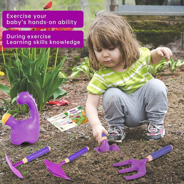 Qtioucp Kids Pretend Play Garden Toys Outdoor Gardening Tool Set with 93 PCS DIY Kids Flower Garden Building Preschool Activities Wheelbarrow, Watering Can, Hand Rake,Trowel, Plow, Double Hoe, Gloves, Apron for Kids Boys Girls (Purple) - Image 5