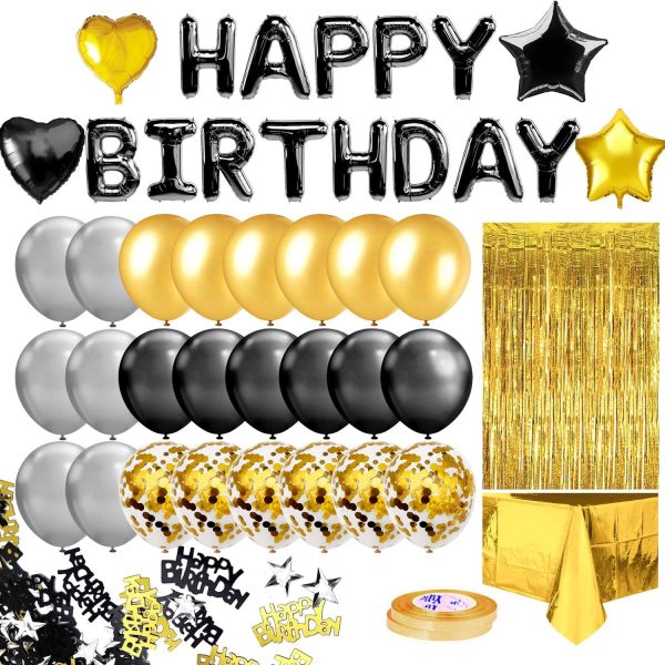 MOVINPE Black Gold Birthday Balloon Decoration, Happy Birthday Heart Star Fringe Curtain Foil Tablecloth Foil Confetti Balloons 10g Table Confetti For Boy Women Birthday Wedding Party - Image 7