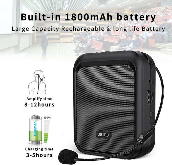 SHIDU Mini Voice Amplifier Portable Rechargeable Bluetooth Speaker with Wired Microphone Headset 10W 1800mAh PA system Supports MP3 Format Audio for Teachers, Taxi Driver, Coaches, Training, Tour Guide. - Image 2