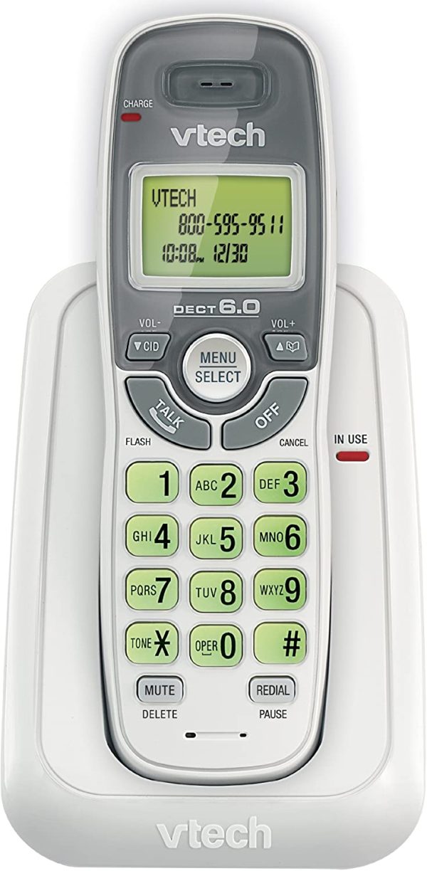 Vtech Dect 6.0 Single Handset Cordless Phone with Caller ID, Green Backlit Keypad and Display - 8077180105, With out answering system, White