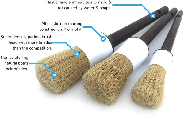 Car Detail Brush, Boars Hair Car Detailing Brushes - Set of 3 - Ultra Soft Detail Brushes with Fiber Plastic Handle, Perfect for Cleaning Wheels, Engine, Interior, Air Vents, Car, Motorcy - Image 4