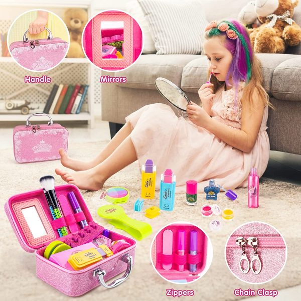 31Pcs Kids Makeup Kit for Girls- Washable Real Play Make Up Toys Set with Cosmetic Case & Color Hair Chalks Fit Little Girls Gift for Birthday, Halloween, Party