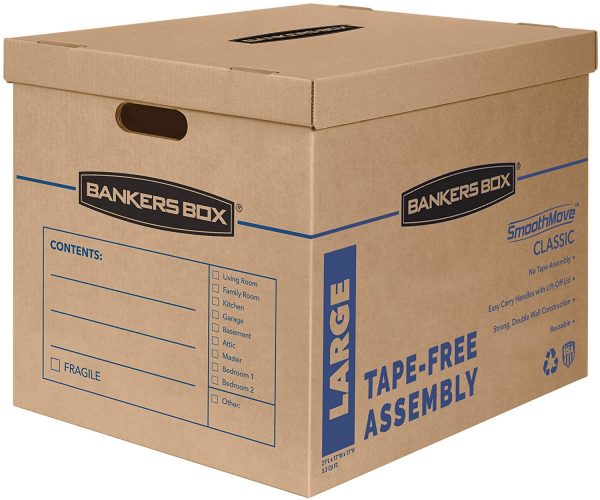 Bankers Box SmoothMove Classic Moving Boxes, Tape-Free Assembly, Easy Carry Handles, Large, 21 x 17 x 17 Inches, 5 Pack (7718205)