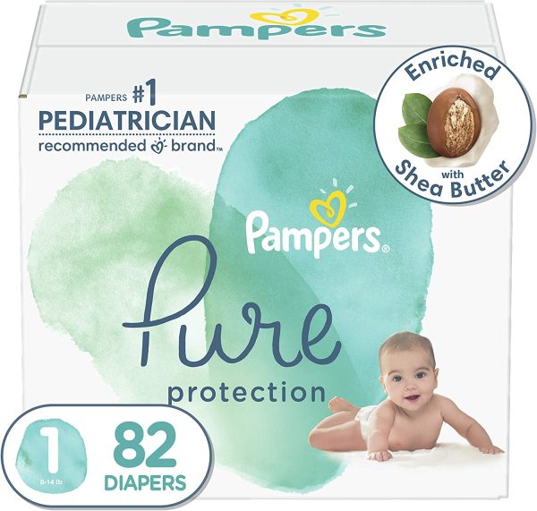 Pampers Diapers Size 1 - Pure Protection Hypoallergenic Disposable Baby Diapers for Sensitive Skin, Fragrance Free, 82 Count, Super Pack