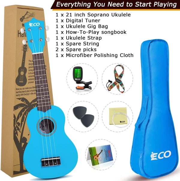 Soprano Ukulele Beginner Kit for Adult Kids 21 Inch Ukelele w/Songbook, Case, Strap, Tuner, Strings, Picks - Blue - Image 7