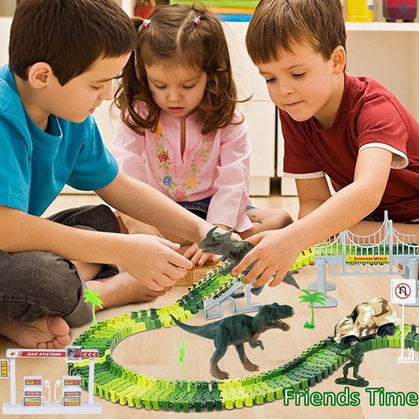 WTOR Toys 221Pcs Dinosaur Toys Race Track Car Boys Toys Set with Dinosaur Race Cars Bridge for Kids Boys Girls Aged 3 4 5 6 7 8 Christmas Birthday Gifts - Image 2