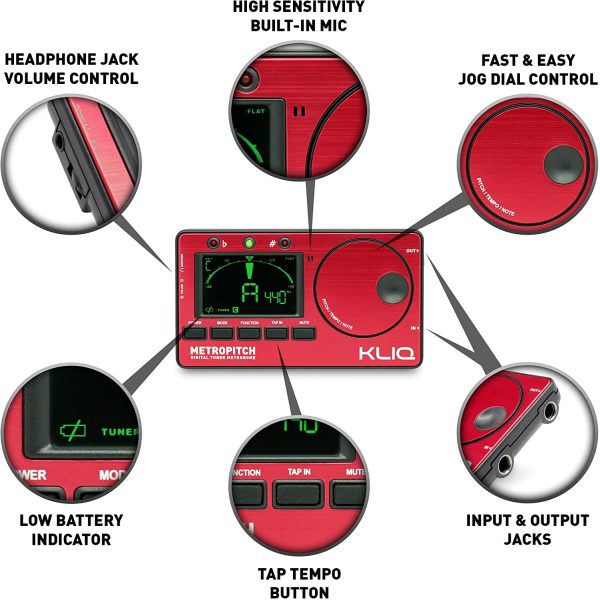 KLIQ MetroPitch - Metronome Tuner for All Instruments - with Guitar, Bass, Violin, Ukulele, and Chromatic Tuning Modes - Tone Generator - Carrying Pouch Included, Red - Image 9