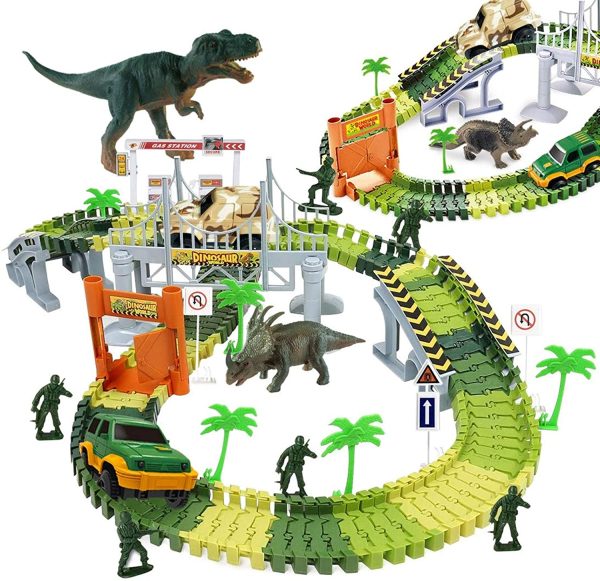 WTOR Toys 221Pcs Dinosaur Toys Race Track Car Boys Toys Set with Dinosaur Race Cars Bridge for Kids Boys Girls Aged 3 4 5 6 7 8 Christmas Birthday Gifts - Image 7