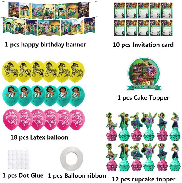 44 Pcs The Encanto Party Decorations, Magic movie Birthday Party Supplies Include a Set of Happy Birthday Banner, Bolloons, Cake Topper, Cupcake Toppers, Birthday Invitation Card for Girls Gifts - Image 2