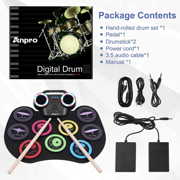 Anpro Nine-sided Color Electronic Drum Set, 8PCS Drum Practice Set, Portable Electric Drum , Built-in Audio with Earphone Jack, Multiple Power Supplies, 10 Hours of Playback, Color LED Screen, Suitable for Children, Teenagers, Adults and Beginners, Best Birthday Gift - Image 4