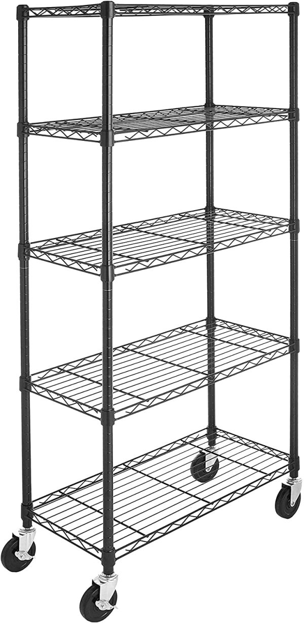 Amazon Basics 5-Shelf Adjustable, Heavy Duty Storage Shelving Unit on 4'' Wheel Casters, Metal Organizer Wire Rack, Black (30L x 14W x 64.75H)