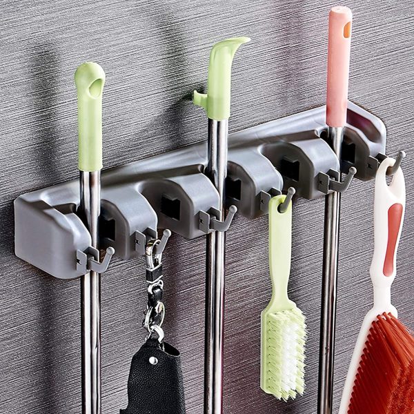 Mop and Broom Holder, Wall Mounted Home Tool Organizer, Broom Hanger Rack- Ideal for Kitchen, Garage, Garden, Laundry, Bathroom (5 Position 6 Hooks)Broom Holder, Wall Mounted Home Tool Organizer, Broom Hanger Rack- Ideal for Kitchen - Image 4