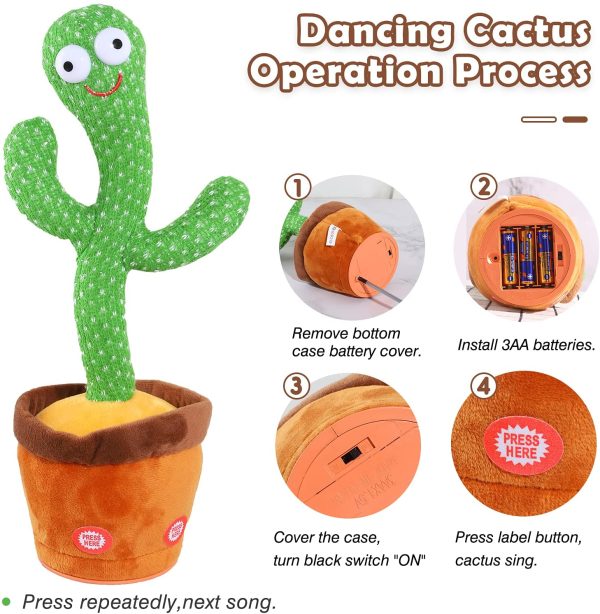 Kids Dancing Talking Cactus Toys for Baby Boys and Girls, Talking Sunny Cactus Toy Electronic Plush Toy Singing, Record & Repeating What You Say with 120 English Songs and LED Lighting for Home Decor - Image 6