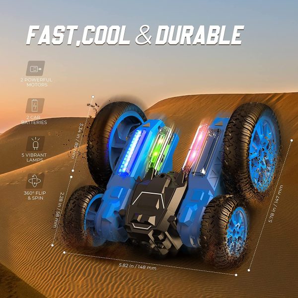 RCNOAH Remote Control Car - 2022 New Version - 3D Hologram LED RC Stunt Car 4WD Off-Road Fast Double Sided Running All Terrain RC Car for Kids 6 Years and Above, 2 Rechargeable Car Batteries & 2 USB Charging Cables