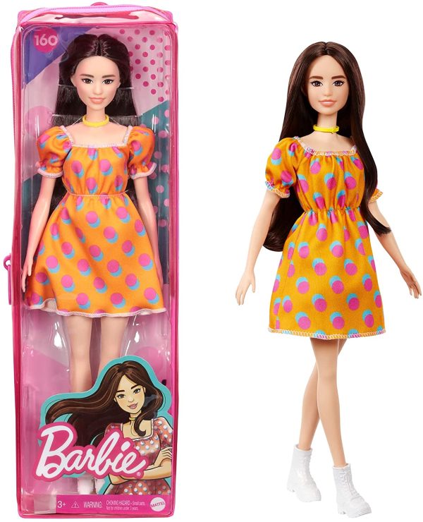 Barbie Fashionistas Doll with Brunette Hair Polka Dot Off-The-Shoulder Dress, Toy for Kids 3 to 8 Years Old - Image 5