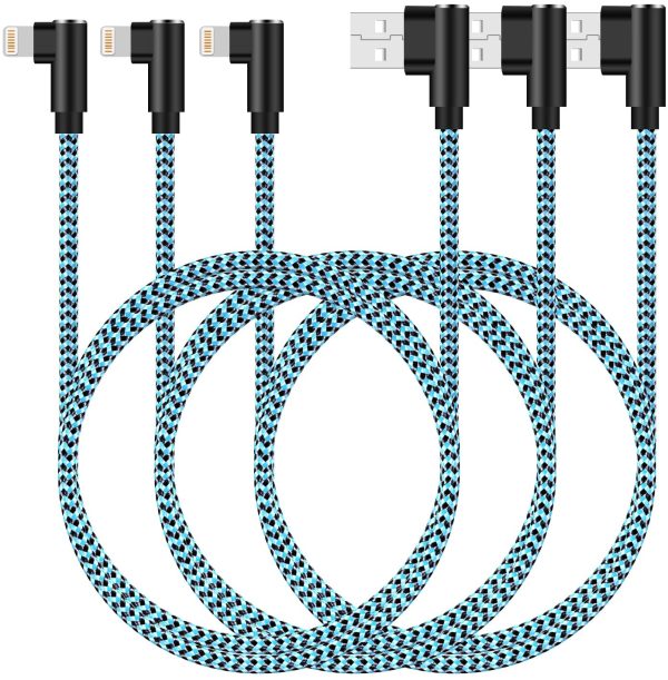 Right Angle iPhone Charger 10 FT 90 Degree Lightning Cable 3 Pack Nylon Braided Gaming Charging Cord Compatible with iPhone 13 12 11 Pro XS MAX XR X 8 7 6S Plus SE iPad (10 FT, Black Blue) - Image 6