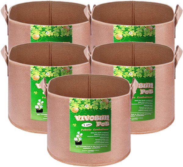 VIVOSUN 5-Pack 1 Gallons Grow Bags Heavy Duty Thickened Nonwoven Fabric Pots with Strap Handles Tan