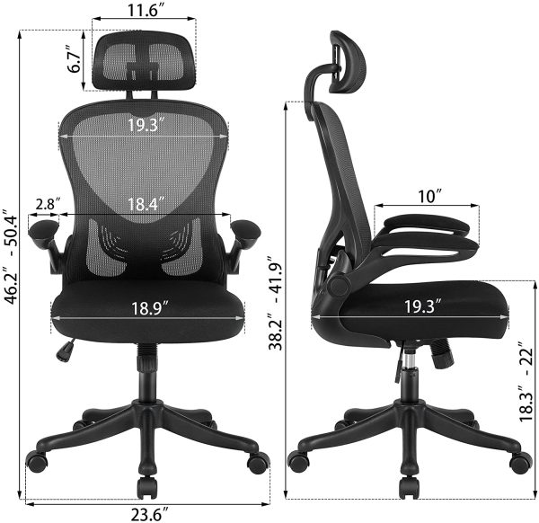 Desk Chair, Home Office Chair, Task Chair, Mesh Computer Chair, Office Chair with Headrest, Ergonomic Chair with Adjustable Lumbar Support and Flip-up Armrest for Work or Study (Black) - Image 4