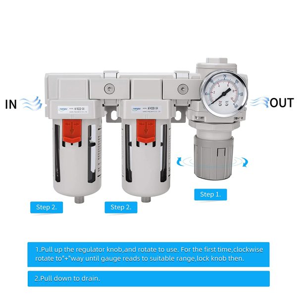 NANPU 1/2" NPT Air Drying System - Double Air Filters (5 Micron Brass Element), Air Pressure Regulator Combo - Semi-Auto Drain, Poly Bowl w/Metal Gauge - Image 6