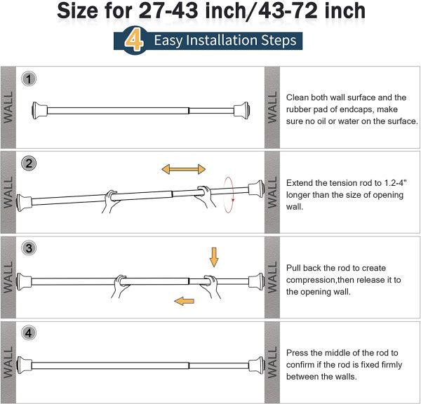 SZXIMU Spring Tension Curtain Rod 27-43 Inch, Never Rust and Non-Slip Shower Curtain Rods with Flat Top, Black - Image 8