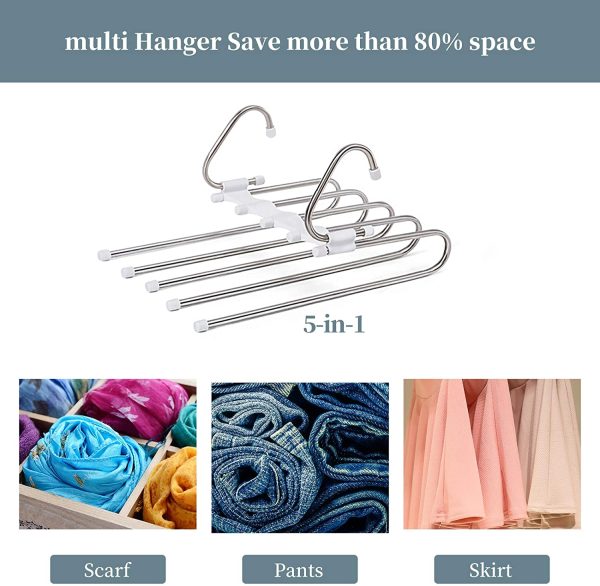 Pants Hanger 5 Layers Foldable Stainless Steel Hangers ,Space Saving Pants Hangers Closet Storage Organizer for Jeans Trousers Pants Skirts Scarf (2 Pack) - Image 6