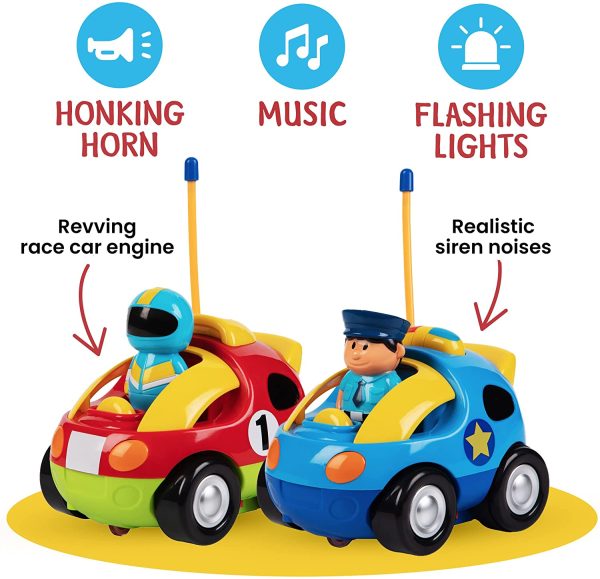 Prextex Pack of 2 Cartoon R/C Police Car and Race Car Radio Control Toys for Kids- Each with Different Frequencies So Both Can Race Together - Image 3