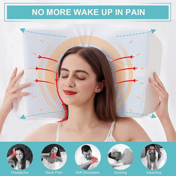 Memory Foam Pillow for Sleeping, Cervical Contour Orthopedic Pillow Relief Neck & Shoulder Pain Ergonomic Bed Pillow with Cooling Ice Silk Pillowcase for Side/Back/Stomach Sleepers - Image 4