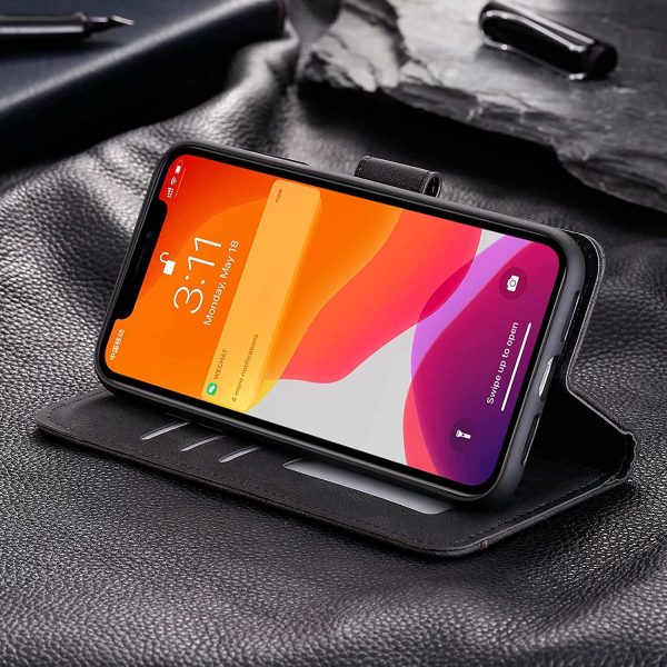 Rivet Splicing Wallet Case for iPhone 11,Retro Full Protection PU Leather Folio Flip Cover with Card Holder Kickstand Shockproof,Black - Image 3