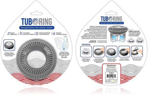 TubRing The Ultimate Tub Drain Protector Hair Catcher/Strainer/Snare, Regular - Grey