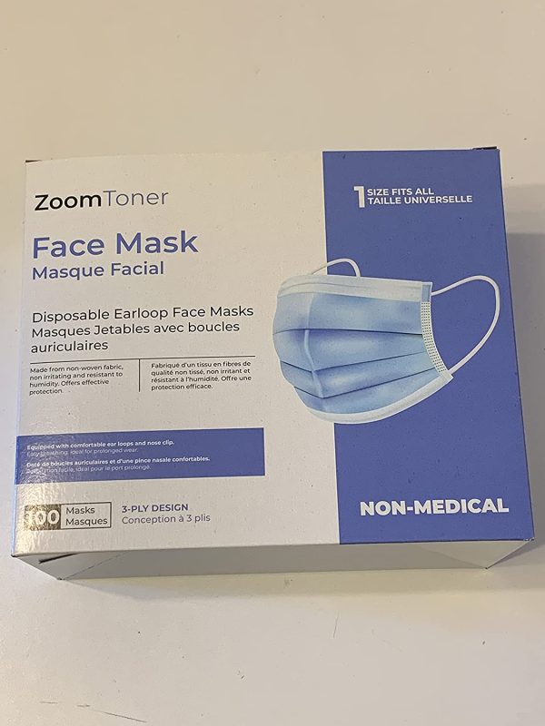 ZoomToner? Ships from Canada - 100 Pack Disposable Face Masks Masques Safety, 3-Ply Ear Loop - Image 3