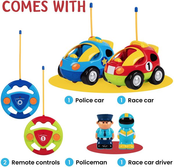 Prextex Pack of 2 Cartoon R/C Police Car and Race Car Radio Control Toys for Kids- Each with Different Frequencies So Both Can Race Together - Image 5