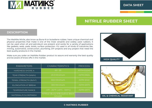 MATNIKS Nitrile Rubber Sheet (NBR) Heavy Duty, Oil Resistant, Hardness Shore A60 Black Smooth, 12x12-Inch 1/8" W (+/- 5%) for Plumbing, Gaskets DIY Material, Supports, Leveling, Sealing, Protection - Image 9