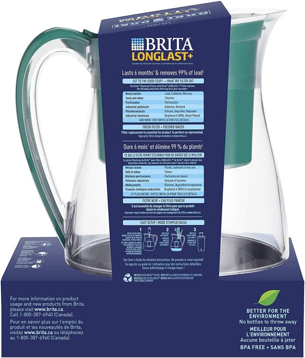 Large 10 Cup LONGLAST + Water Filter Pitcher with 1 Longlast Filter, BPA Free ?C Monterey, Green - Image 6