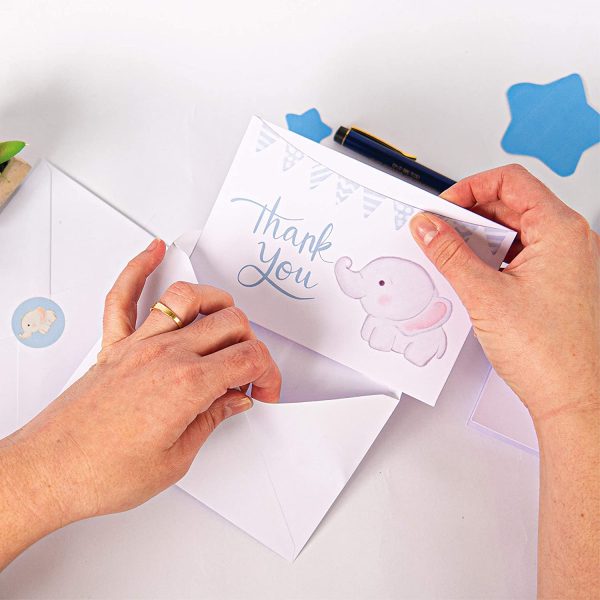 Baby Shower Thank You Cards Boy. 50 Elephant Blue Thank You Cards Baby Shower with Envelopes for Baby Thank You Notes - Blank Inside Baby Shower Card Pack with Sealing Stickers - Image 2