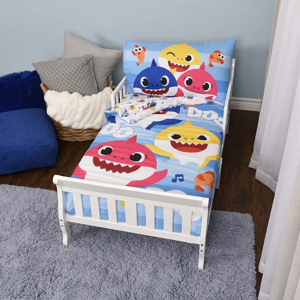 Baby Shark Toddler Bedding Set EXPRESSIONS (3 Piece Set, Fits Standard Crib Mattress) Includes Microfiber Reversible Comforter, Fitted Sheet, Pillowcase for Kids (Official Baby Shark Product)