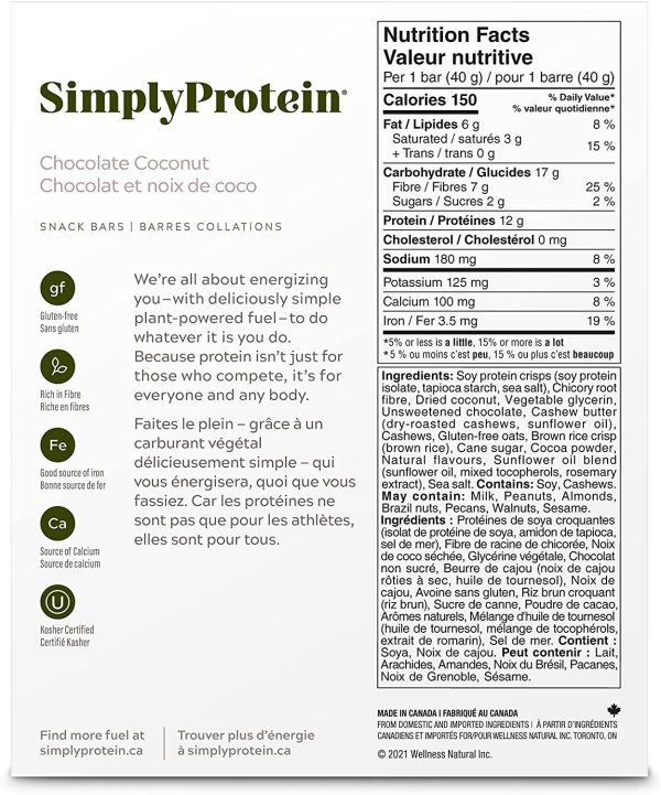 SimplyProtein Bar, Plant Based, Very High in Fibre, Gluten Free, 2 g Sugar, Plant Powered Fuel, Snack Bar - Chocolate Coconut, 12 Count - Image 3