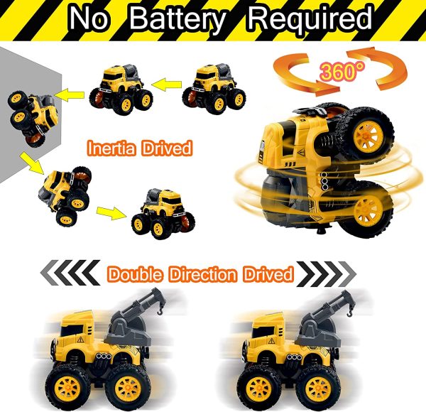 Construction Monster Truck Toys - 4pcs Excavator, Mixer, Crane, Dump Trucks Toy | Push and Go Friction Powered Cars Stunt Vehicles Playset | Kids Birthday Party Favors Gifts for 3+ Year Old Boys Girls - Image 4