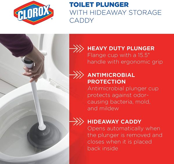 Clorox Toilet Plunger with Hideaway Storage Caddy, White/Gray - Image 2