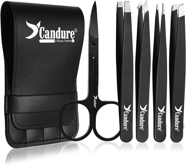 Candure Eyebrow Tweezers Set for Professionals (5Piece) ?C Stainless Steel Precision Tweezers for Ingrown Hair, Facial Hair, Splinter and Blackhead Remover