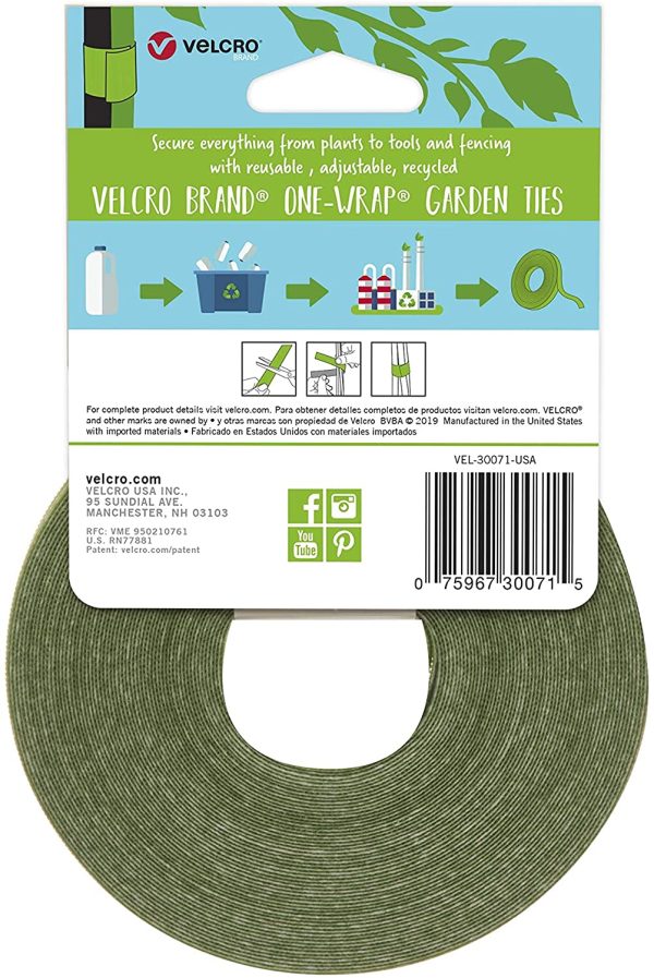 VELCRO Brand VEL-30071-USA ONE-WRAP Garden Ties | Plant Supports for Effective Growing | Strong Grips are Reusable and Adjustable | Cut-to-Length, 50 ft x 1/2 in, Green-Recycled Plastic