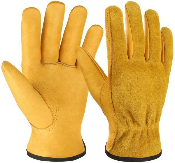 OZERO Gardening Gloves, Flexible and Extra Grip Leather for Utility Work, Construction, Wood Cutting, 1 Pair Pack (Golden,Medium) - Image 5