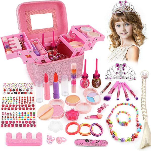 balnore 34 Pcs Kids Makeup Toys Real Girls Makeup Kit Washable Makeup Toy Set with Fashion Portable Makeup Box Including, Eye Shadows, Lipstick, Liquid Foundation, Nail Polish, Wig and Royal Crown - Image 3