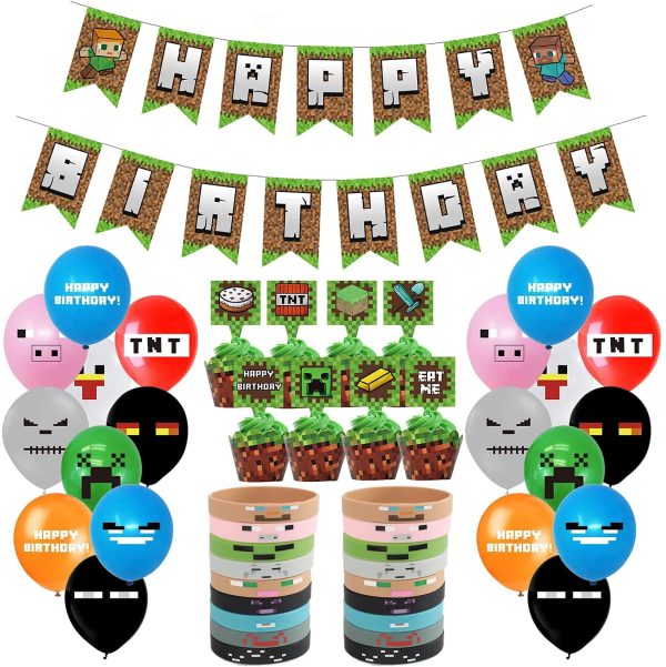 Pixel Style Gamer Party Supplies, Miner Theme Birthday Party Favors and Decors Set Includes 1 Banner, 20 Balloons, 24 Cupcake Toppers, 24 Wrappers, 18 Bracelets