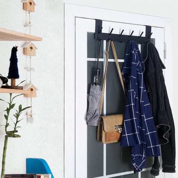 WEBI Over The Door Hook Door Hanger:Over The Door Towel Rack with 6 Coat Hooks for Hanging,Towel Hanger Door Coat Hanger Over Door Coat Rack for Towels,Clothes,Back of Bathroom,Black