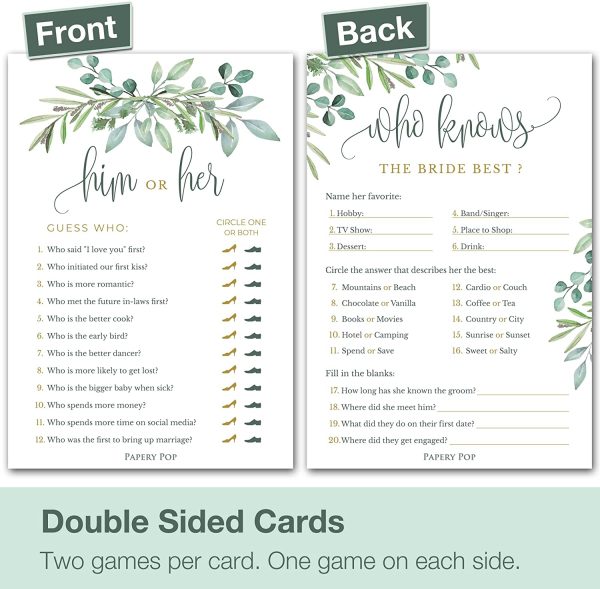 Bridal Shower Games - Set of 4 Games for 30 Guests - Double Sided Cards - Wedding Shower Games - Eucalyptus - Image 4