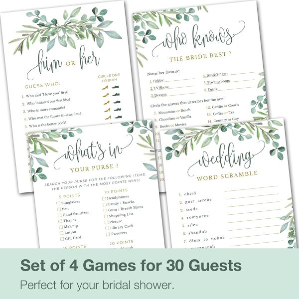 Bridal Shower Games - Set of 4 Games for 30 Guests - Double Sided Cards - Wedding Shower Games - Eucalyptus - Image 5